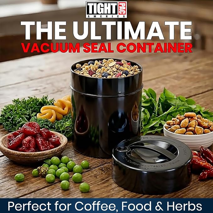 Tightpac Kilovac Airtight Coffee Container – Multi-Use Vacuum Container for Coffee Bean Storage, Grounds & Bulk Dry Goods – 2.5 lbs / 40 oz / 3.8L, Wide-Mouth, Patented Vacuum Seal, Black