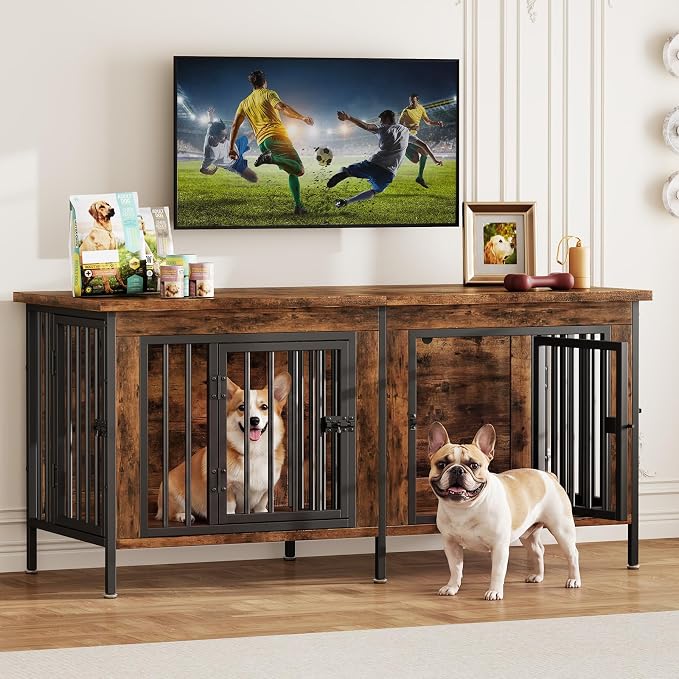 DUMOS 54" Dog Crate Furniture for 2 Dogs with Divider, Rustic Brown | Wooden Dog Kennel Furniture, Small Breed Center Divider and Double Doors, Heavy Duty Indoor Dog Cage, TV Stand, Side Table