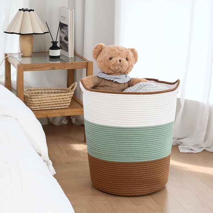 Sea Team Large Woven Cotton Rope Laundry Basket with Handles, 20 x 14 in | Collapsible Knitted Hamper, Closet Shelf Organizers, Containers for Clothing, Blankets, Toys, Bedding, Green & Brown