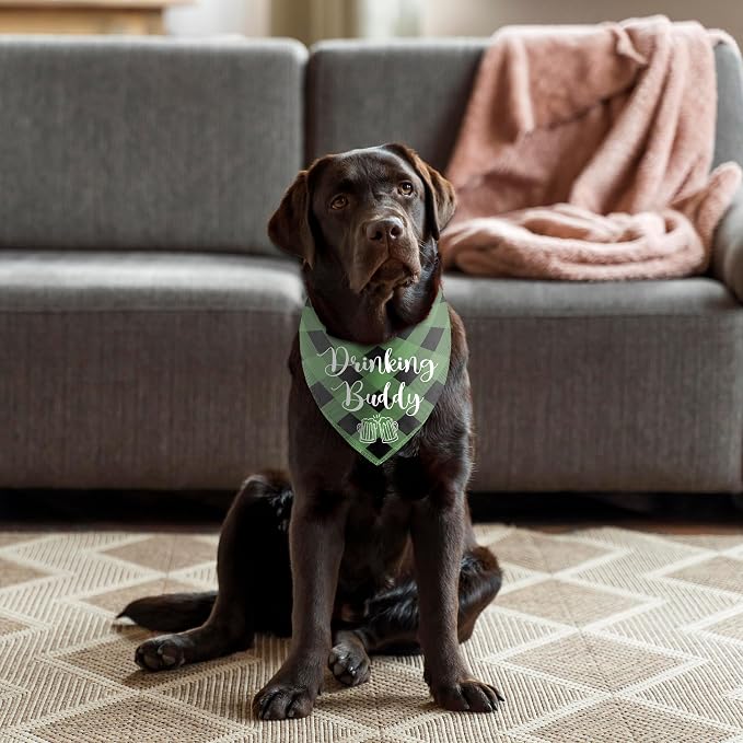 Dog Bandana Gifts for Beer Lovers, Funny Cute Pet Scarf, Gift for Dogs Owner, Green Plaid Triangle Bibs Bandanas for Medium Large Dogs