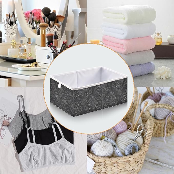 Black Damask Cube Storage Bins Collapsible Fabric Storage Baskets Large Clothes Organizer Box for Bedroom Living Room Study Room 11×11×11 In