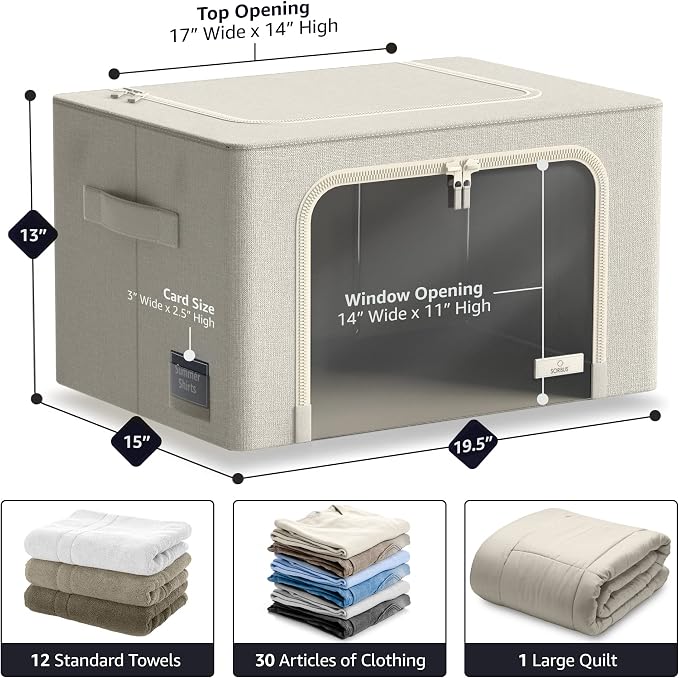 Sorbus Clothing Storage Bins with Clear Window, Metal Frame (4 Pack, Beige) | Oxford-fabric containers with carry handles stack neatly to organize bedding and linens in closets and laundry rooms.