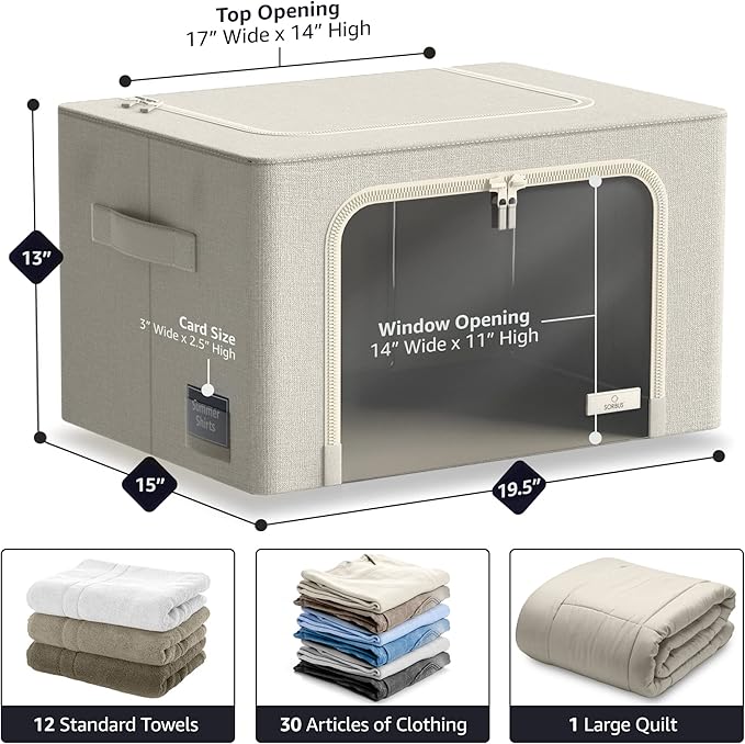 Sorbus Clothing Storage Bins with Clear Window, Metal Frame (2 Pack, Beige) | Oxford-fabric containers with carry handles stack neatly to organize bedding and linens in closets and laundry rooms.