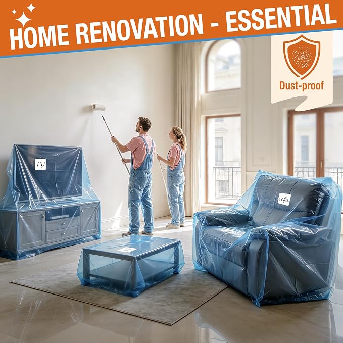 Extra Large Chair Moving Cover for Storage Transportation, Sofa Couch Clear Plastic Moving Cover with Labels, Waterproof and Dust Proof, Bag Open Size 65x 42 x 34 Inch, Blue, 4 Pack