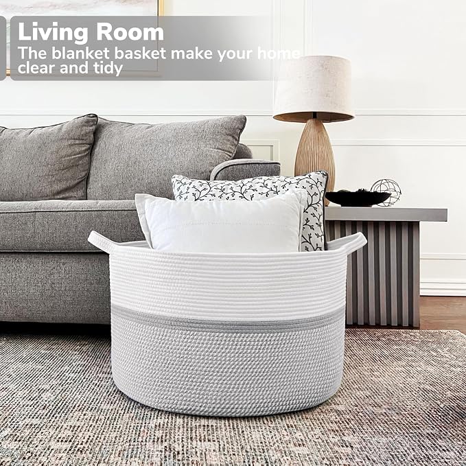 CHICVITA 85L Large Cotton Rope Blanket Basket with Handles, Grey | Woven storage basket for laundry, pillows, toys. Decorative for living room, bedroom, nursery, 22x22x14in