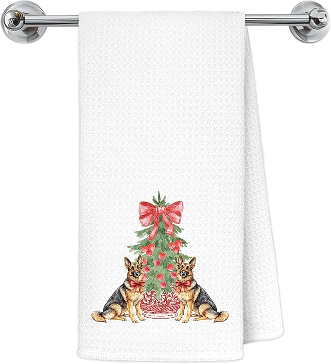 Red Chinoiserie Christmas German Shepherd Kitchen Towels, German Shepherd Gifts Dish Tea Towels for Kitchen Decor, Grandmillennial Bow Xmas Tree Dog Hand Towel for Bathroom Decor, 16x24 Inch