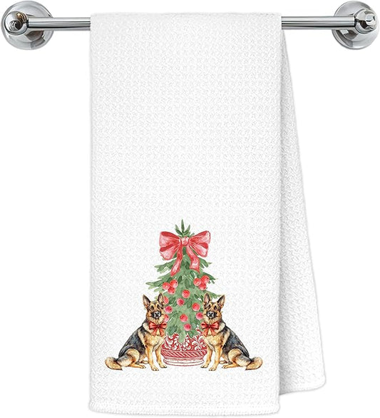 Red Chinoiserie Christmas German Shepherd Kitchen Towels, German Shepherd Gifts Dish Tea Towels for Kitchen Decor, Grandmillennial Bow Xmas Tree Dog Hand Towel for Bathroom Decor, 16x24 Inch