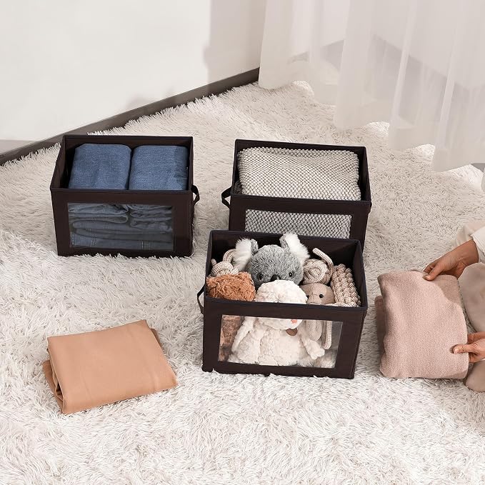 Foldable Storage Boxes with Clear Window - Clothes Organizers and Decorative Bins with Lid, Fabric Storage Cube, Baskets for Shelves, Yarn, Home, Brown, 3 Pack