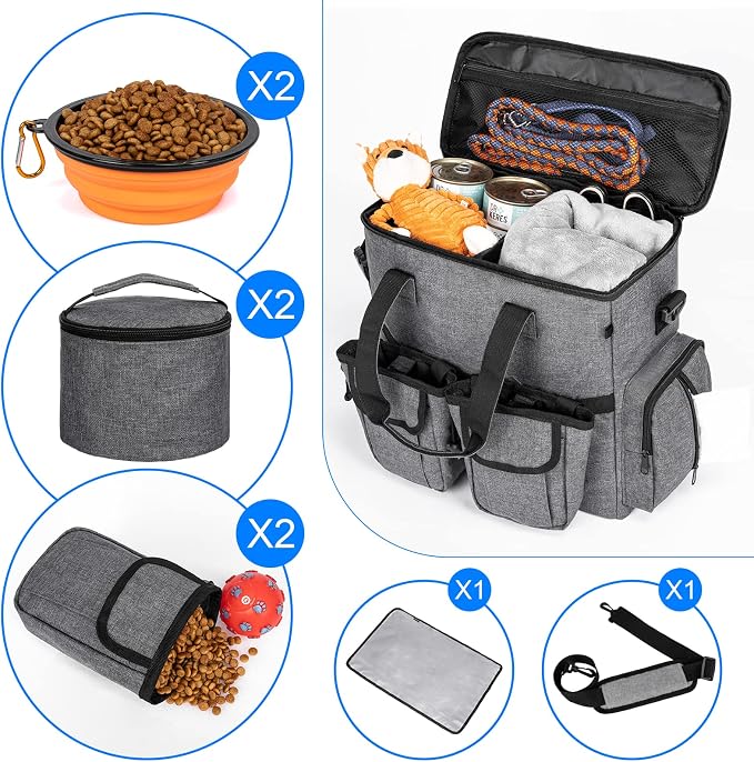 Modoker Dog Travel Bag Backpack, Airline Approved Pet Accessories Organizer for Dog and Cat with Shoulder Strap, 2 Dog Food Storage Containers, 2 Collapsible Dog Bowls,1 Pet Mat, Rose Red | Dog travel accessories set with feeding supplies, bowls, mat, ...