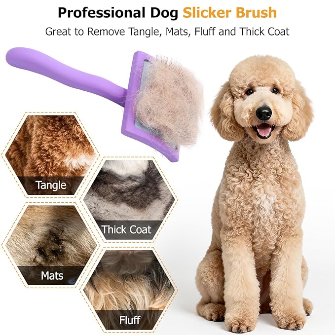 Extra-Long Pin Slicker Brush for Large Dogs, Removes Tangles, Mats & Undercoat Fluff, Wood Handle, Grooming Tool for Poodle Goldendoodle Labradoodle & Thick-Coat Breeds, Purple