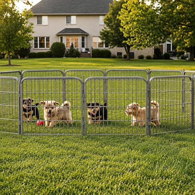 Dog Play Pen for Outdoor Use - 24'', 40 Panels for Small and Puppy Size Dogs - Portable Playpen Pet Fence for RV, Camping, and Yard - Heavy Duty Kennel w/Grey Rust Resistant Coating