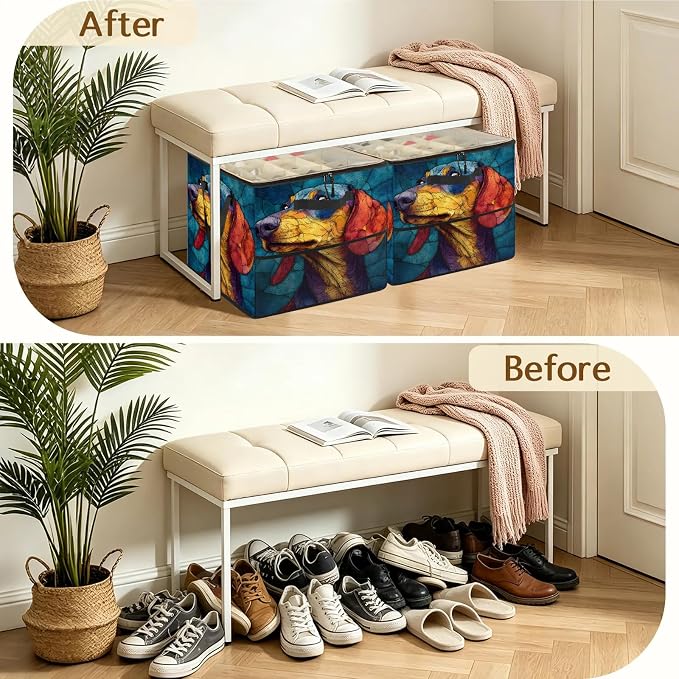 TropicalLife Boho Dog Shoe Organizer for Closet | Foldable Shoe Storage Box Bin 16-32 Pair Shoe Storage for Sneakers, Boots & Heels with Adjustable Dividers, Clear Cover