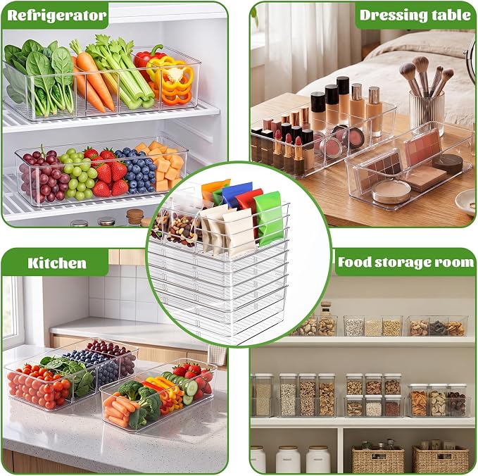 Mifoci 16 Pcs Snack Pantry Organizer and Storage, Clear Plastic Storage Bin for Pantry Shelf with 3 Divider & No Divider, Stackable Container Box with Handle for Kitchen Cabinet Fridge Closet Bathroom