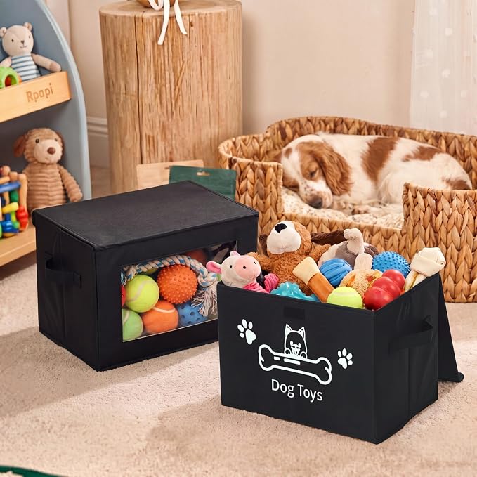 Novabright Dog Toy Basket with Lid Foldable Dog Toy Storage Bin with Clear Window Large Pet Storage Box with Handles for Pet Essentials Organization, 14.9 x 9.8 x 9.8 Inch(Black)