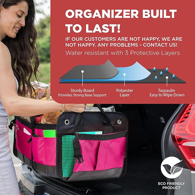 Pink Car Trunk Organizer for Women, SUV & Jeep Cargo Storage, Large | Fits Cars, SUVs & Trucks Great Gift for Car Owners Keeps Your Car Organized Easy Grocery Storage Space-Saving Portable