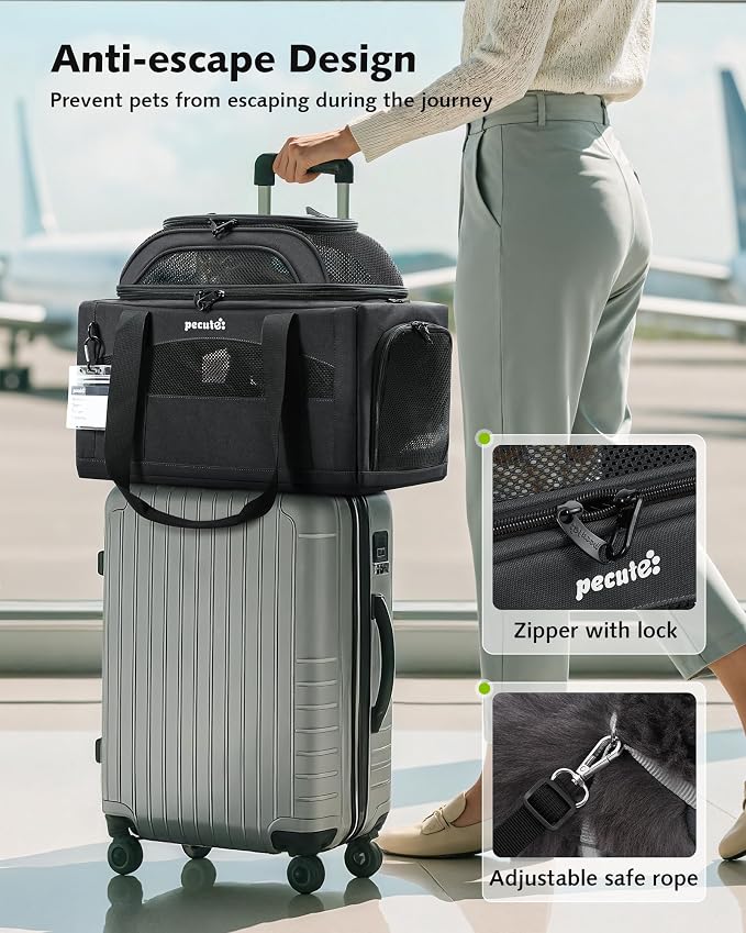 Pecute Top Expandable Airline Approved Pet Carrier for Cats, Dark Gray | Top side expandable, breathable scratch-resistant mesh, leakproof pee pad, locking zippers, foldable travel bag under 11lbs.