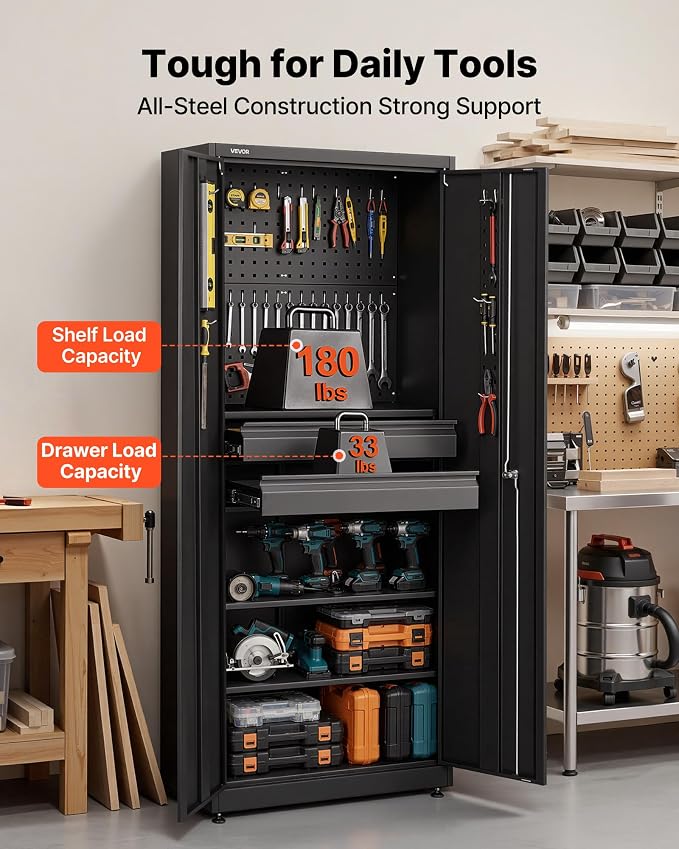 VEVOR Metal Storage Cabinet, 180 lbs Shelf Load Capacity, 70.87" Tall Garage Tool Storage Cabinet with 2 Locking Doors, Adjustable Shelves, 2 Drawers, Pegboard, for Garage, Home, Office, Utility Room