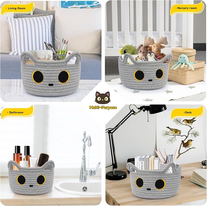 Small Storage Basket, Cat Basket Woven Cotton Rope Basket for Nursery | Baby Blanket Organizer with Handles for Toys,Towels,Clothes, Baby Storage for Gifts Cat Dog Bin Toys 8.5×4.5 inches,Grey