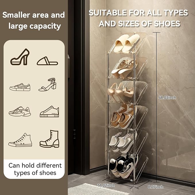 YYW Transparently Narrow Shoe Rack, Vertical Shoe Rack for Entryway Corner | Small Shoe Storage Organizer, Save Space Slim Shoe Shelf for Front Door Entrance, Easy To Assemble, PET Material