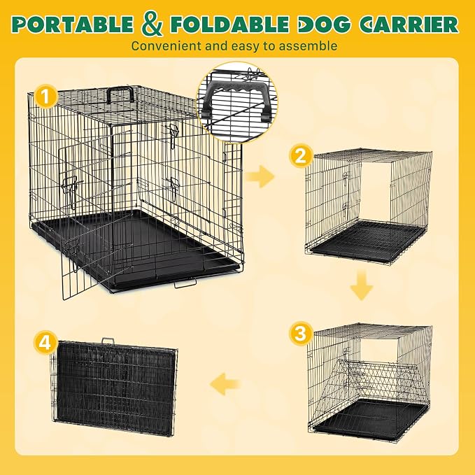 Medium Dog Crate 36 Inch, Metal Wire Foldable Dog Cage Kennel | Double Door, Secure Lock, Plastic Leak-Proof Pan Tray, Indoor Outdoor Training Pet