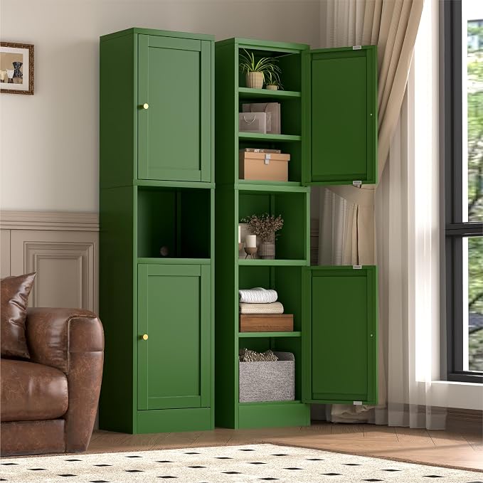 YAUWOH 2-Door Metal Storage Cabinet, Tall Slim Pantry Organizer with 3 Adjustable Shelves (120LBS/Shelf), Anti-Tipping Waterproof Cabinet for Bathroom/Kitchen/Home Office/Small Spaces,(1PC,Green)