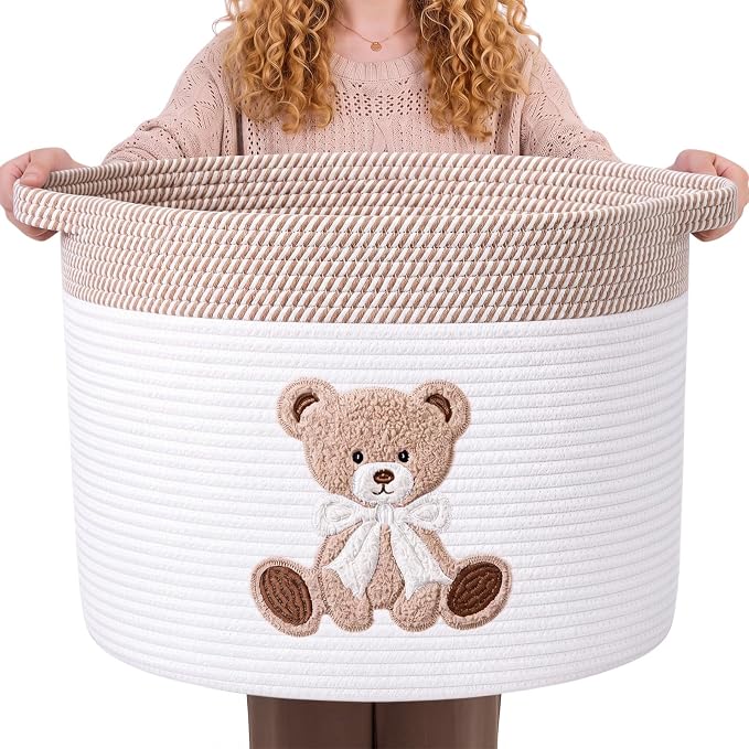 LemonRoad Extra Large Basket 20"x14", Woven Basket for Laundry Blanket Toy Box with Handle Storage, Blanket Storage for Living Room Nursery Pillows Chest(Cotton Rope,Bow Bear,Brown White)