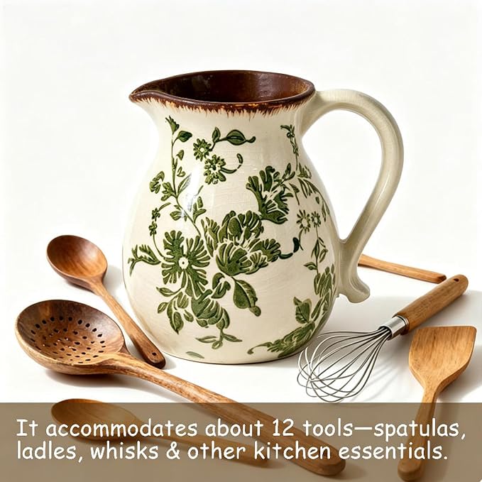 Farmhouse Ceramic Utensil Holder,6.1"Kitchen Counter Utensil Holder | Ceramic Utensil Organizer with Handle for Kitchen Countertop, Vintage Rustic Crock for Home Decor, Flower Pot, Spoon Tools