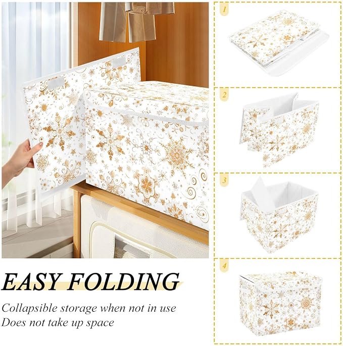 senya Christmas Baskets Collapsible Storage Bins with Lids, Seamless Gold White Snowflakes Storage Boxes Clothes Baskets for Organizing