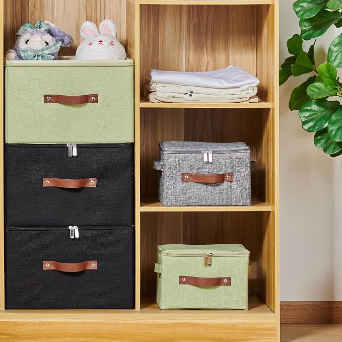 Storage Bins with Zipper Lids Decorative Lidded Baskets Boxes | Clothes Container, Closet Shelf Organizer, Foldable Washable, Cotton Linen Fabric, w/ PU Leather Handles, Gray, Large
