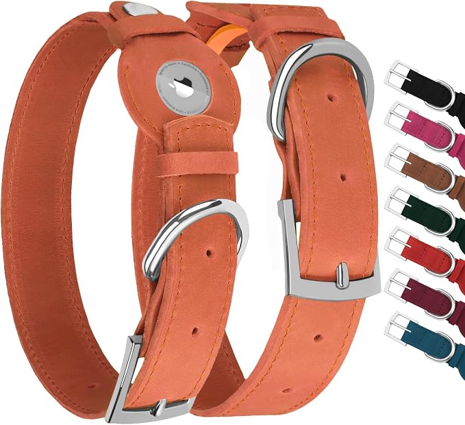 Leather Dog Collar with Airtag Holder - Apple Air Tag Dog Collars - Soft Tracking GPS Pet Collar for Small Medium Large Dogs Breed Puppy (Tawny, XL, 19"-24" Neck Fit)