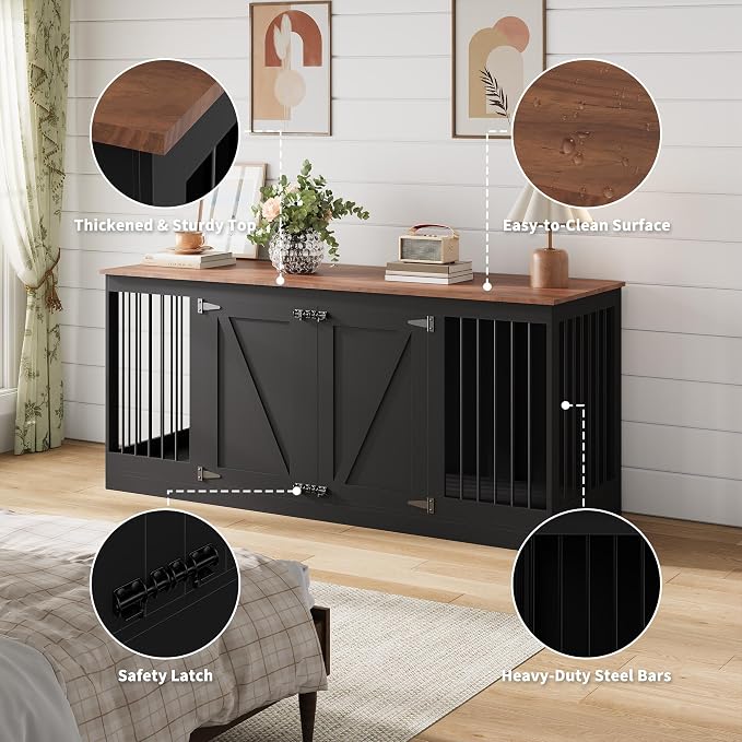 70.8" Large Dog Crate Furniture for 2 Dogs, Farmhouse Dog Crate TV Stand with Removable Divider, Heavy Duty Wooden Dog Kennel with Reinforced Steel Bars & 2 Lockable Doors