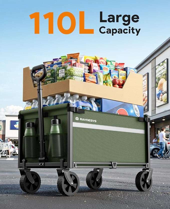 Collapsible Wagon Cart with Wheels, 220LBS for Grocery Shopping Camping | 110L Capacity Wagons Carts Foldable,220LBS Heavy Duty Wagon Carts, Lightweight Portable Utility Cart,All-Terrain Wheels