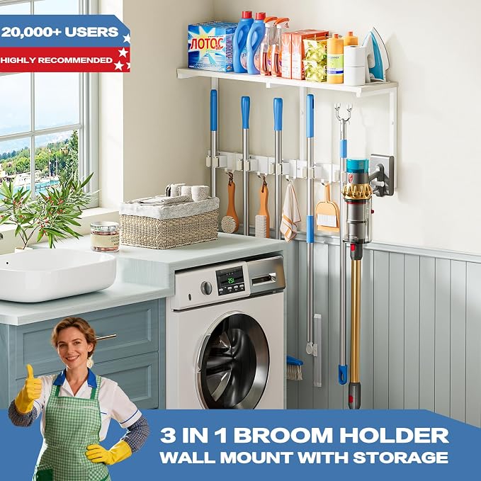 Broom Holder Wall Mount with Cleaning Supplies Organizer, Laundry Room Organization and Storage Shelf with Mop Hanger Rack Gripper Hooks, Utility Shelf Closet Organizer Floating Shelves for Garage