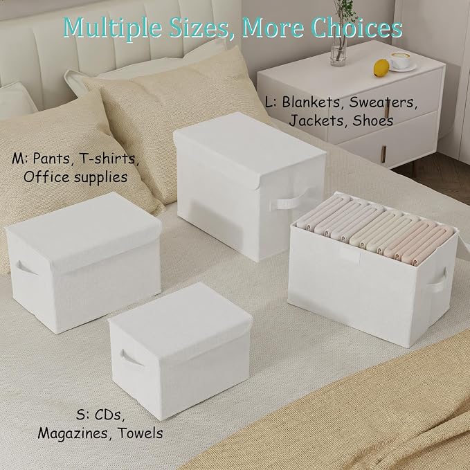 Storage Boxes, Clothes Bins with Lids, 2 Pack, White, 15x9.8x9.8 In | Closet Boxes with 2 Carrying Handles, Sturdy Heavy PP-board, Home Organizers Cubes with Cover for Organizing