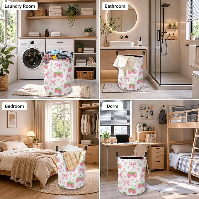 Laundry Hamper, Pink Strawberry Collapsible Bow Floral Laundry Baskets Waterproof Oxford Cloth With Handles, Clothes Storage Bucket For Bathroom/Bedroom 16" x 20.8"