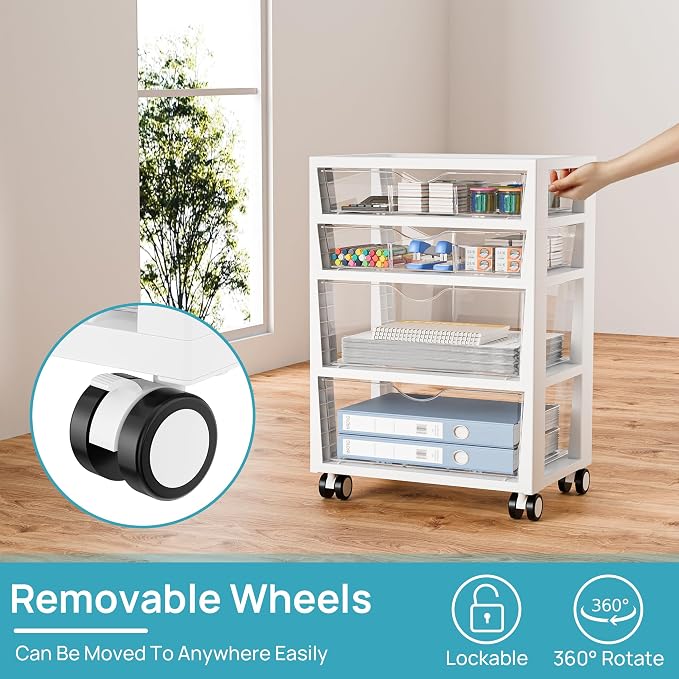 Vtopmart 4-Tier Plastic Drawer Storage Rolling Cart with Wheels | Clear Drawers, Multiple Size Storage, Visible Organization, Sturdy Design, Under Desk, Office, Makeup, Crafts & Art Storage