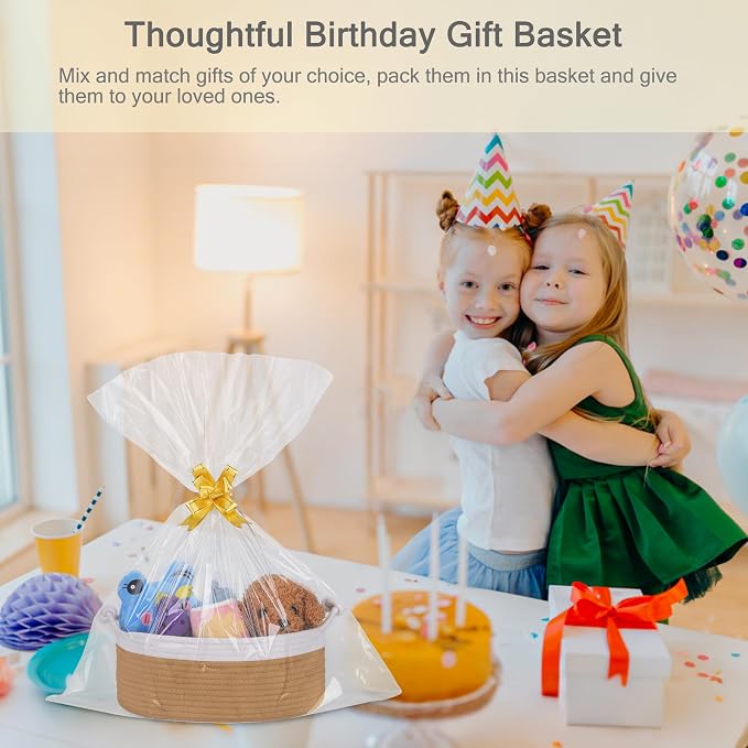 Small Empty Gift Basket with Bag & Ribbons, White & Camel | 12“x8”x5”, Cotton Rope Woven Basket for Birthdays, Baby Showers, Mother's Day, Christmas; Stores Small Items, Kids & Pet Toys