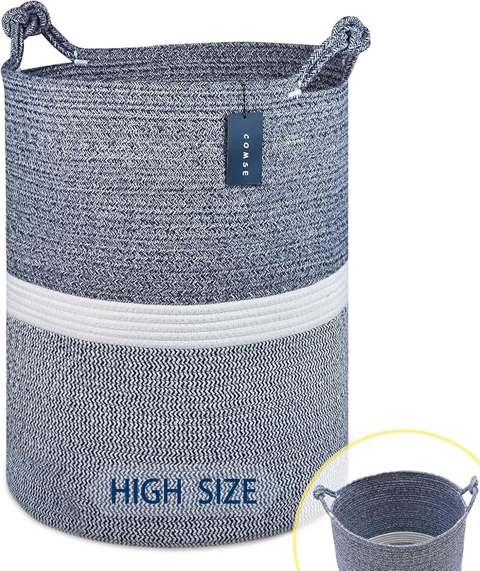 COMSE Tall Woven Blanket & Laundry Basket, 72L, Blend Navy Blue & White | 15.7”x 21.7”, Cotton Rope, Large Nursery Hamper for Storage of Toys Clothes Towels, Great for Living Rooms Bedrooms Bathrooms