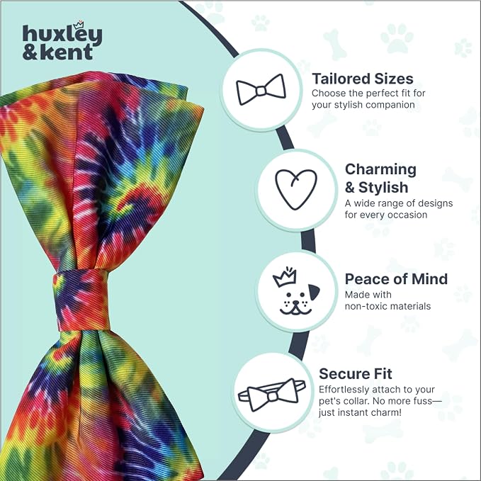 Huxley & Kent Pet Bow Tie for Dogs & Cats, Woodstock Tie Dye, Small/Medium | Hook & Loop Attaches to Any Collar, Soft Polyester, Lightweight & Machine Washable, Perfect for Holidays & Photos