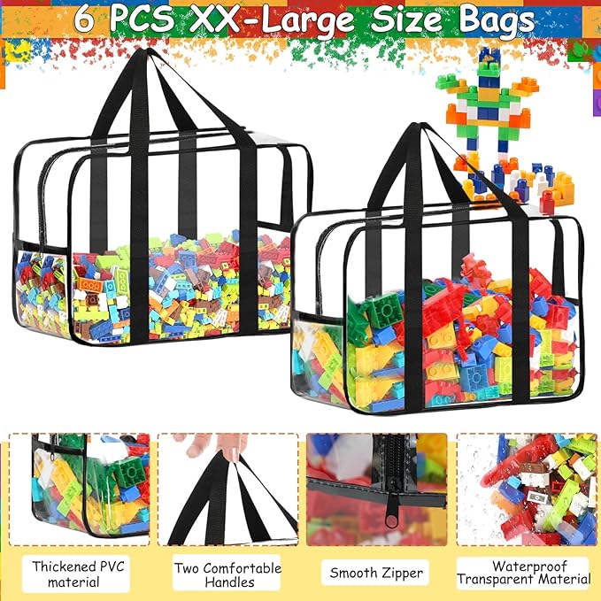 6 Packs XXL Toy Storage Bags 16.5×11.8×6.8In with Labels, Large Capacity Reusable Clear PVC Board Game Storage, Travel Waterproof Organizer Bags with Zipper