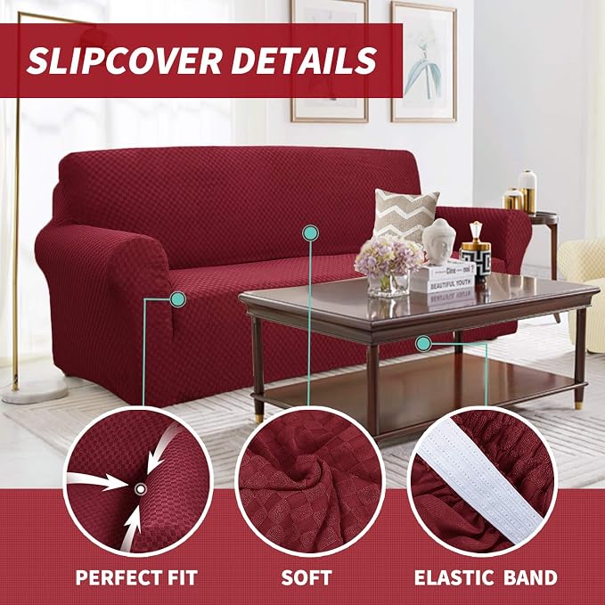 YEMYHOM Couch Cover Latest Jacquard Design High Stretch Sofa Covers for 3 Cushion Couch, Pet Dog Cat Proof Slipcover Non Slip Magic Elastic Furniture Protector (Sofa, Christmas Wine Red)