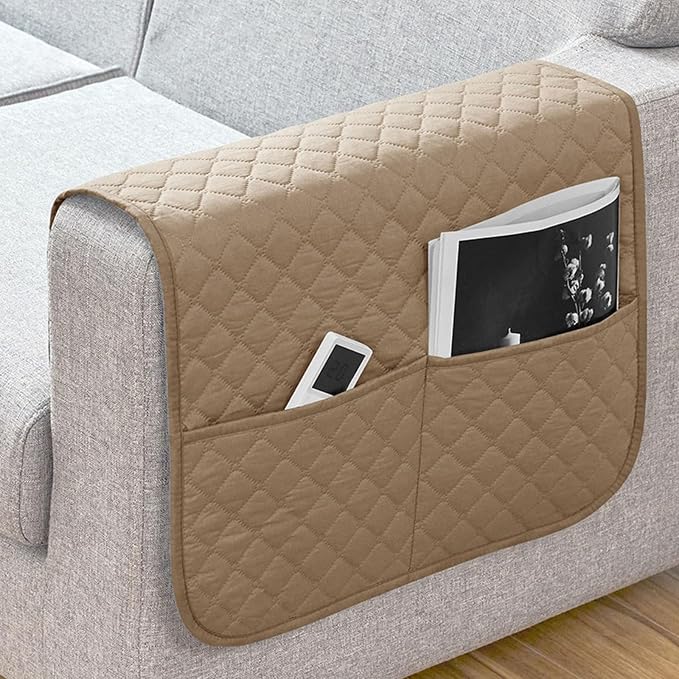Anti-Slip Arm Rest Covers for Sofa Organizer Polyester Pongee Waterproof Couch Arm Covers with Side Pocket Arm Chair Covers, Arm Chair Bedside Storage(Khaki)