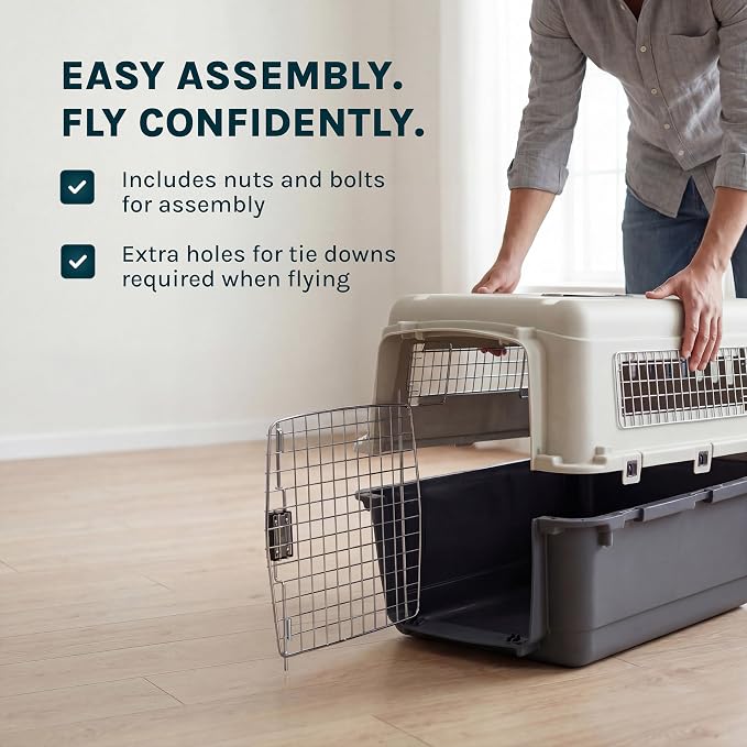SportPet Airline Compliant X-LARGE 35.5" Travel Dog Kennel-Durable Plastic Airline Pet Carrier w/Removable Wheels & Food Bowls, Collapsible Indoor/Outdoor Dog Kennel, Dogs up to 32"L & 23"H-Dark Gray
