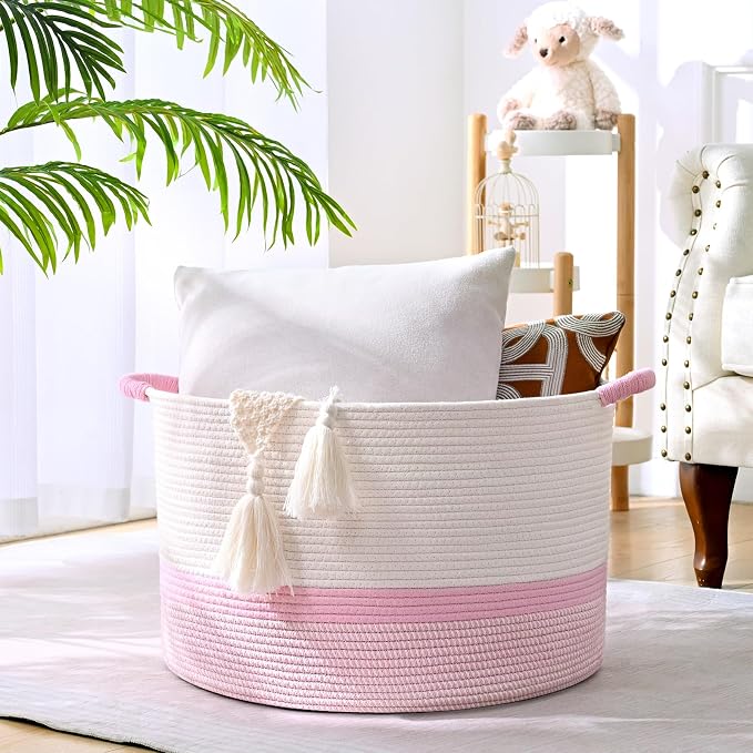 67L Large Blanket Basket, 20"x13" Woven Storage Baskets With Handle, Cotton Rope Blanket Basket Living Room, Baby Laundry hamper for Blanket, Nursery, Toy, Pillow (White & Pink)