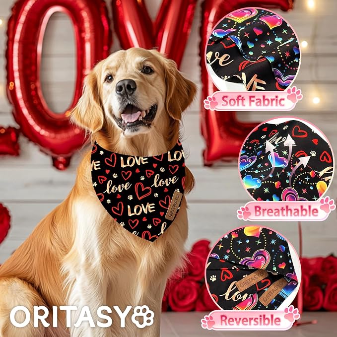 Valentines Day Dog Bandanas, 2-Pack Triangle Reversible Love Pet Scarves, Premium Fabric Bandana (Large, Style 2)