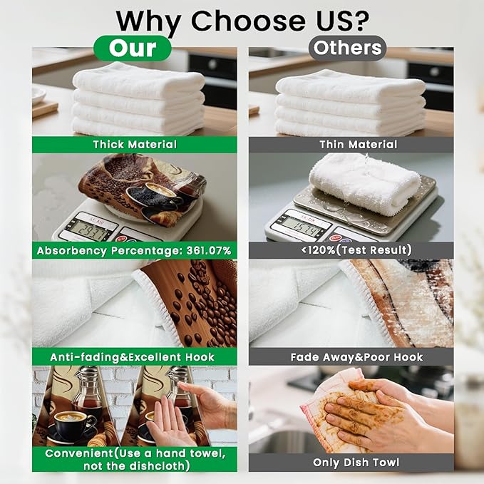 CUTHOLLOW Coffee Element Hanging Kitchen Towels with Loop, Set of 2 - Soft & Super Absorbent Microfiber Decorative Hanging Dish & Hand Towel, Tea, Coffee Towel for Kitchen Bathroom Oven Handle