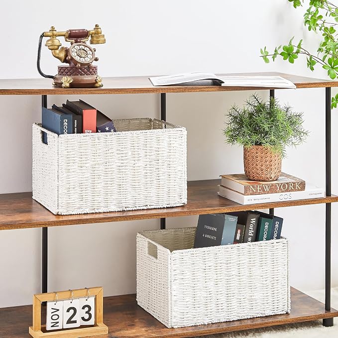 Vagusicc Wicker Storage Basket, Set of 2 Hand-Woven Paper Rope Wicker Basket, Large Storage Baskets for Organizing, Foldable Large Cube Storage Organizer Bins for Shelves (White)