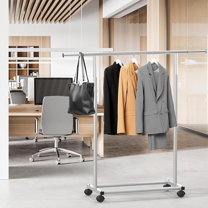 Simple Houseware Standard Rod Garment Clothing Rack, Silver | Single Rail, Extendable Width from 30 to 47 Inches, Rolling Clothing Organizer for Bedroom, Laundry, Living Room