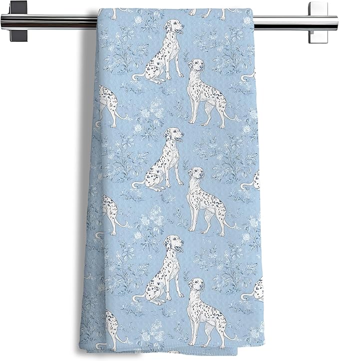 Blue Chinoiserie Dalmation Floral Kitchen Towels,Dalmation Dog Gifts Decorative Hand Towels,Blue and White Grandmillennial Botanical Dog Floral Dish Tea Towels for Kitchen Bathroom, 16x24 Inch