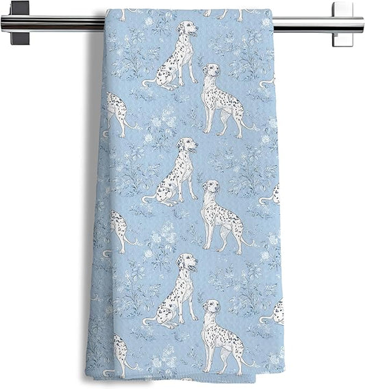 Blue Chinoiserie Dalmation Floral Kitchen Towels,Dalmation Dog Gifts Decorative Hand Towels,Blue and White Grandmillennial Botanical Dog Floral Dish Tea Towels for Kitchen Bathroom, 16x24 Inch